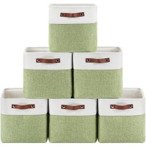 6-Pack Foldable Fabric Storage Cubes 11x11 Inch, Sturdy Cube Organizer Bins with Leather Handles, Storage Baskets for Closet Shelves and Home Organization(White/Green)