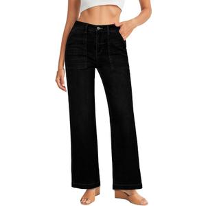 GRAPENT Jeans for Women High Waisted Straight Leg Jeans Stretchy Trendy Wide Leg Denim Pants Jean Trousers Patch Pockets (X-Large, True Black)