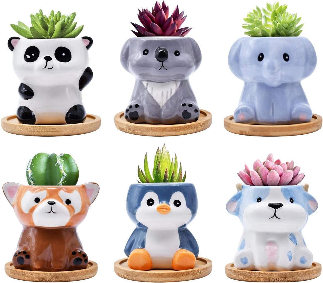 6 Pack Animal Ceramic Succulent Pots with Drainage  Mini Cute Planters with Bamboo Trays for Indoor Plants & Cactus, Adorable Animal Pots for Desk, Office, Home Decor, Gift for Kids & Plant Lovers