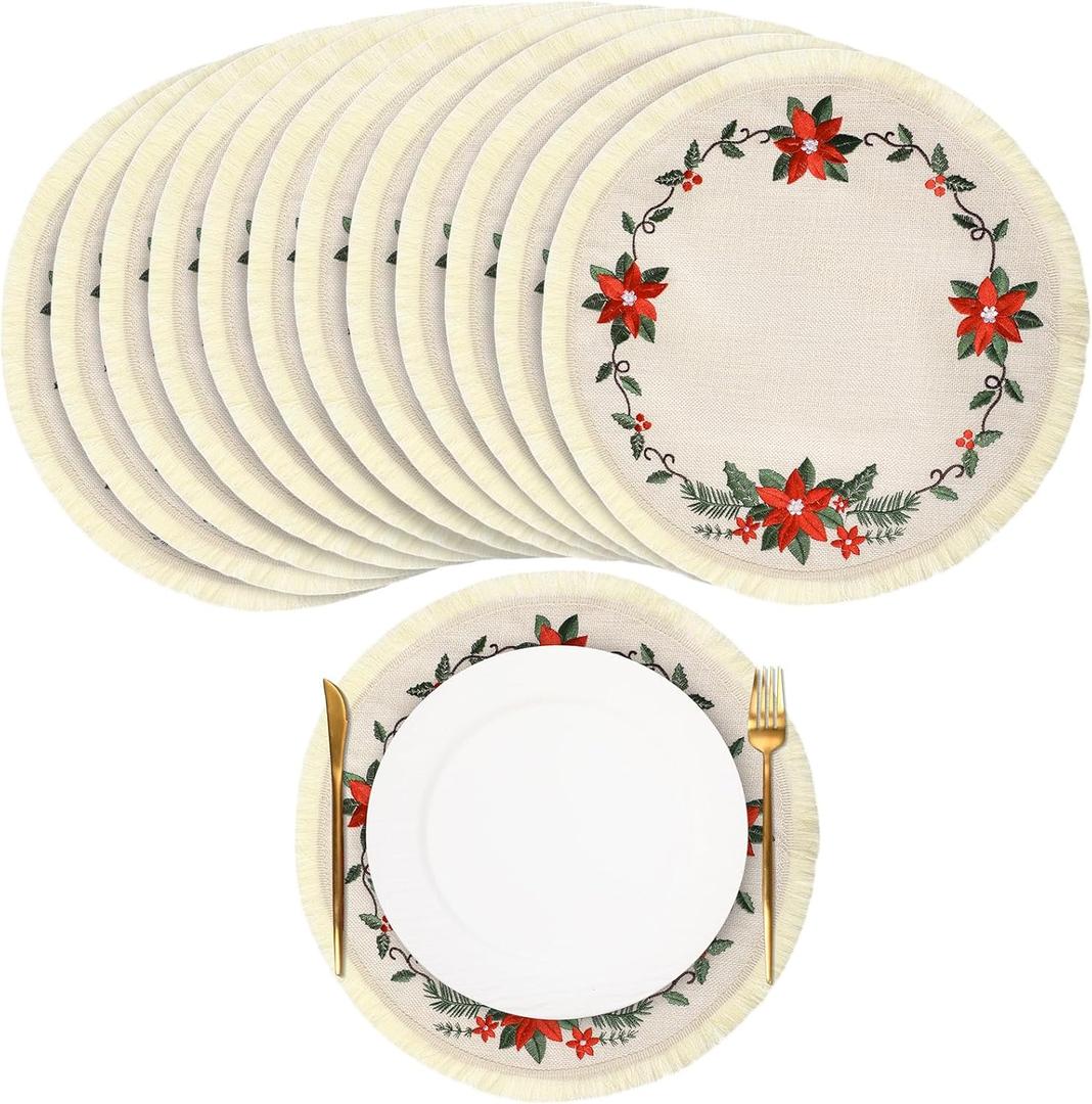 12 Pcs Round Christmas Placemats 15 inch Embroidered Poinsettia Flower Christmas Table Mats Faux Burlap Fabric Placemat with Tassels for Dinner Table Decor Holiday Party Decoration