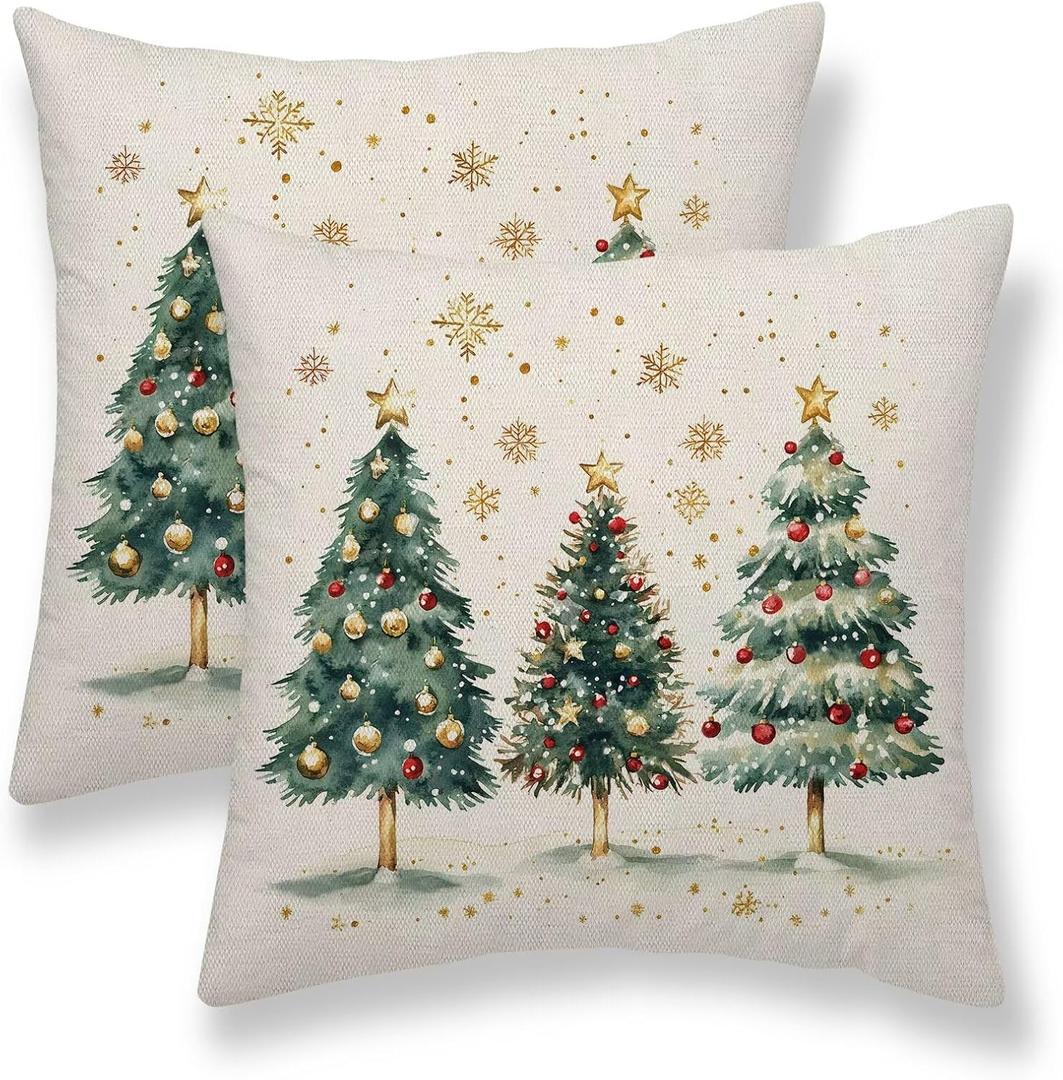 Christmas Pillow Covers 18X18 Inch Set of 2 Gold Snowflakes Stars Green Christmas Trees Decorations Throw Pillow Covers Outdoor Linen Winter Holiday Cushion Cases for Home Sofa Couch Decor