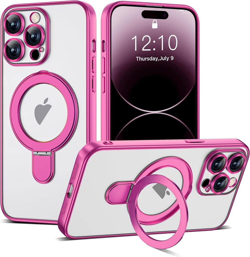 Compatible with iPhone 14 Pro Max Case with Magnetic Ring Stand [Compatible with Mag-Safe] [Full Camera Lens Protector] Soft Plating Clear Phone Case for iPhone 14 Pro Max 6.7", Rose
