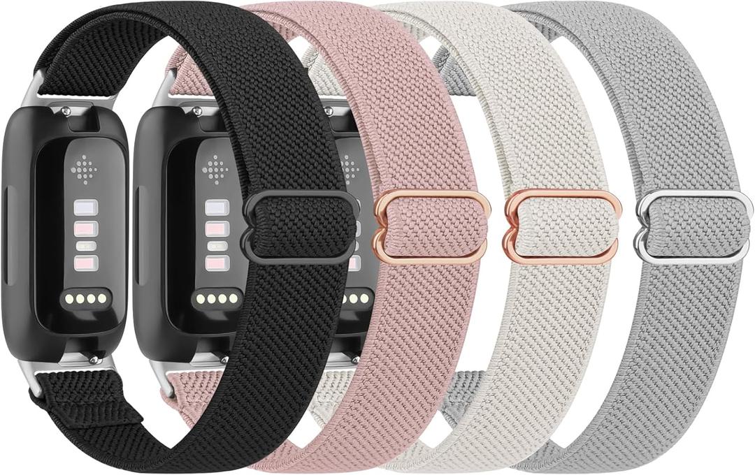 4 Pack Elastic Bands for Fitbit Inspire 3 Bands for Women Men, Soft Adjustable Stretchy Nylon Loop Wristband Sport Replacement Straps for Fitbit Inspire 3 Fitness Tracker (Black+Pink+Starlight+Gray)