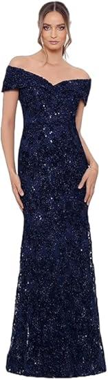Xscape Women's Off The Shoulder Sequin & Lace Overlay Evening Gown with Sweetheart Neckline, Sheath Formal Dress, Navy, 12P
