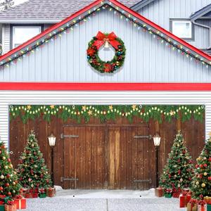 Christmas Garage Door Cover Decorations 7x16ft Winter Holiday Xmas Party Barn Rustic Wood Board Banner Backdrop Background Outdoor Indoor Large Wall Decor