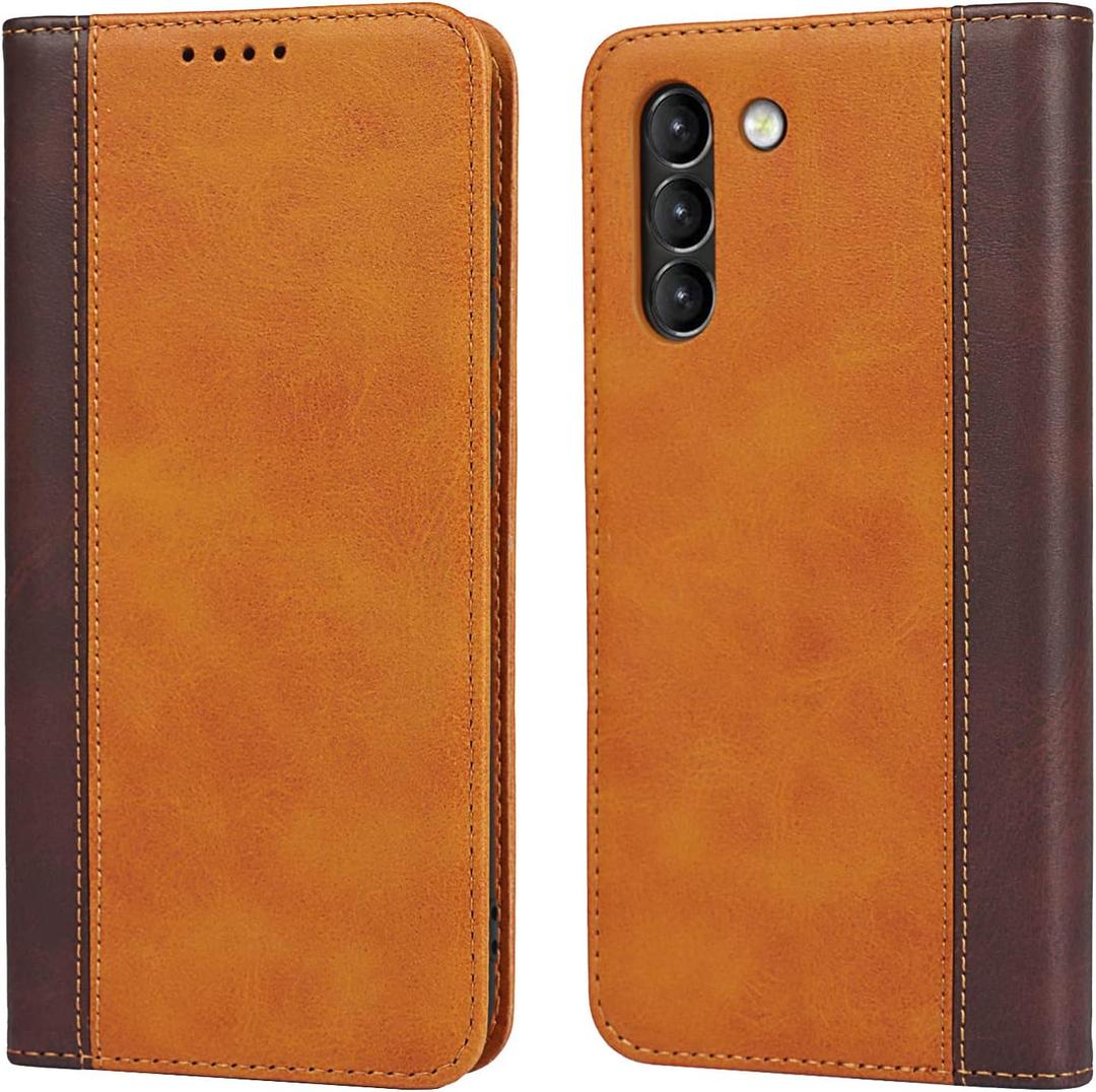 for Samsung Galaxy S21 FE 5G Fashion Wallet Case, Two-Tone Magnetic Cover with Kickstand - Yellow with Brown