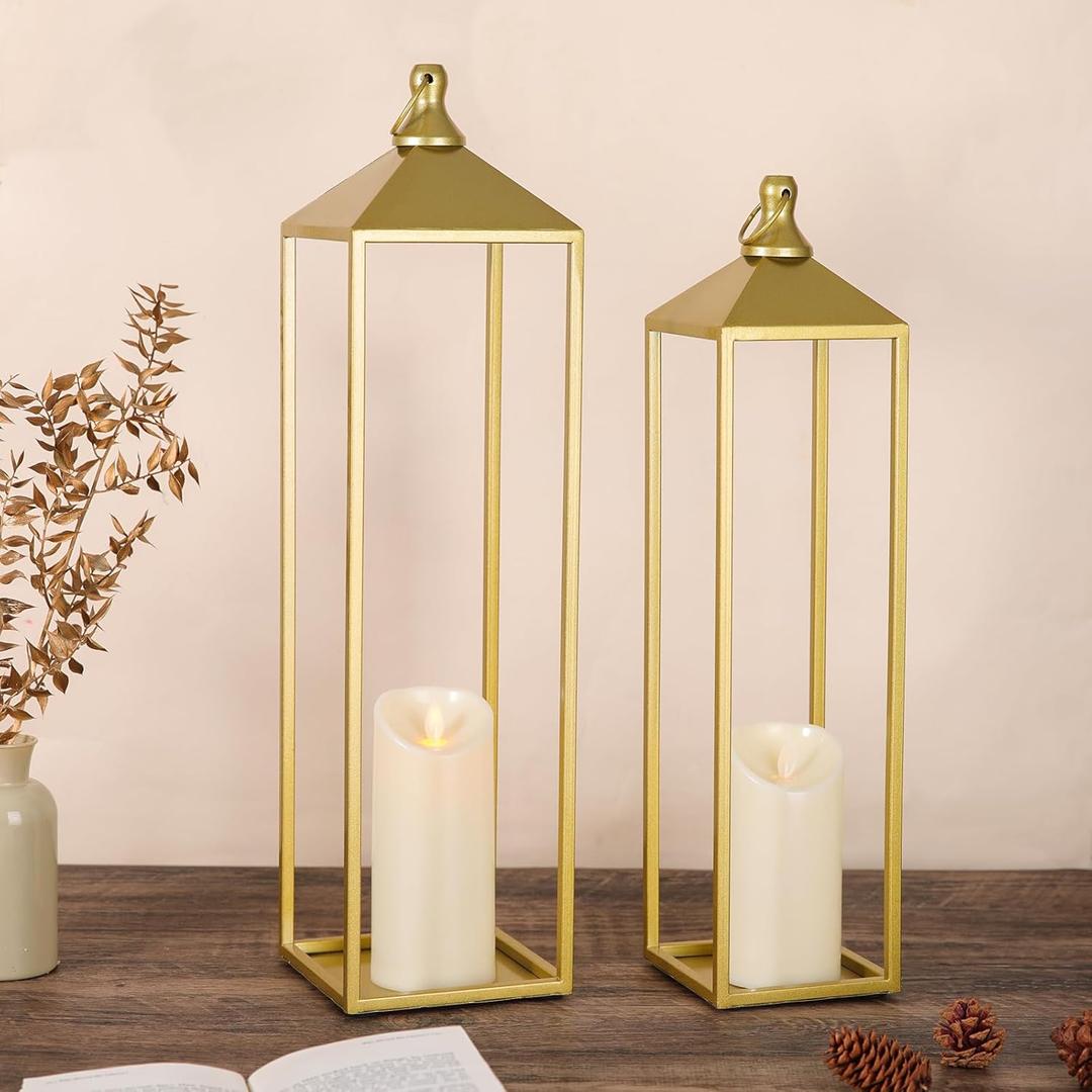 22'' 19'' Large Lanterns Decorative Outdoor Indoor, Set of 2 Gold Metal Candle Lantern Modern Farmhouse Floor Lanterns Decorative for Mantle, Patio, Porch, Garden, Home Decor