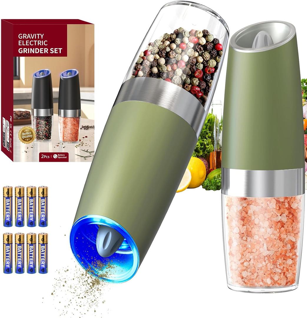CIRCLE JOY Gravity Electric Salt and Pepper Grinder Set Automatic Salt and Pepper Grinder Set with LED Light, Battery Operated, Adjustable Coarseness, Large Capacity, for Home Kitchen BBQ, Green