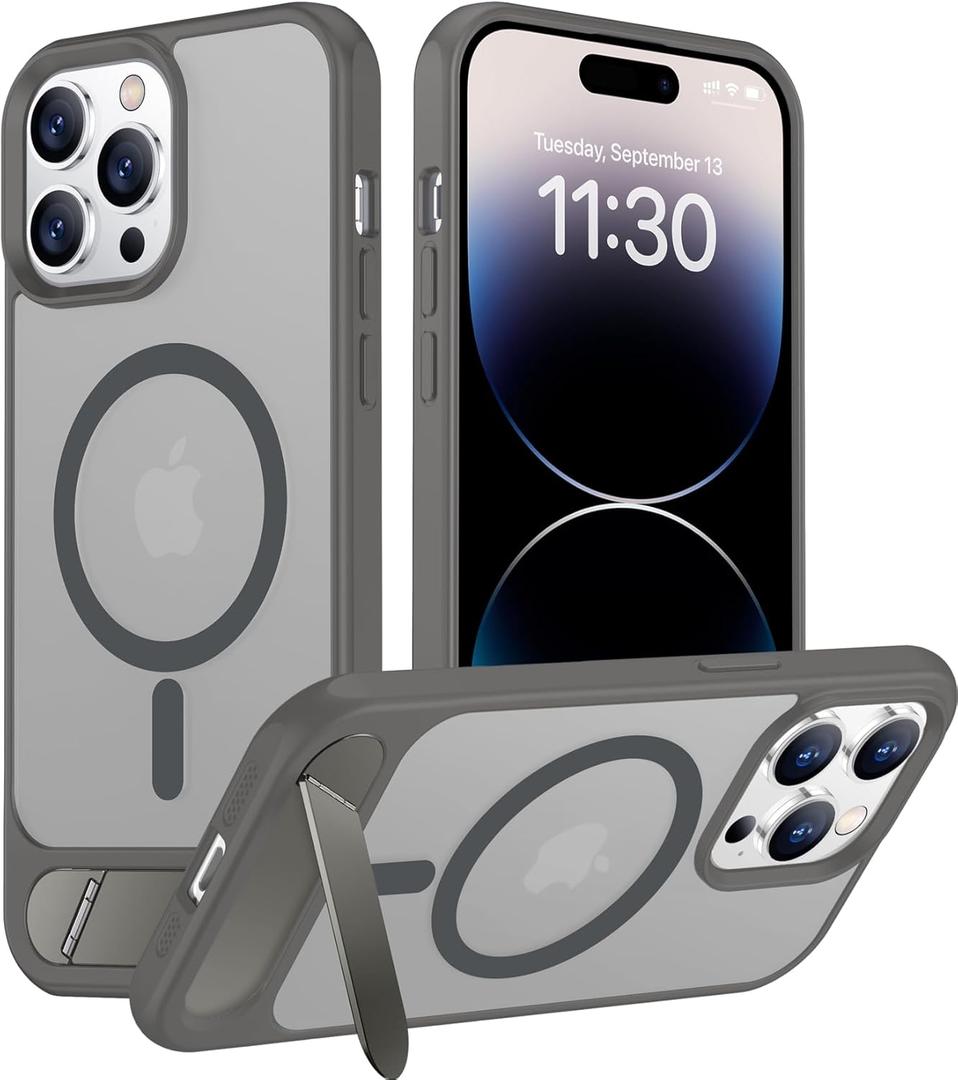 Temdan Magnetic Compatible with iPhone 14 Pro Max Case, [Built-in Invisible Kickstand][Compatible with MagSafe] [Military Grade Shockproof] Slim Translucent Matte Phone Case for iPhone 14 Pro Max 6.7" (Gray)