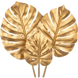 DILATATA 3 Pcs Artificial Monstera Leaves With Long Stem - Golden Tropical Plant, Gold Palm Leaves, Philodendron Fronds for Wedding, Hawaiian Luau, Jungle Party Decorations