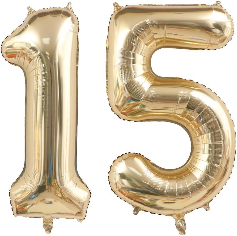 40 Inch Light Gold 15 Number Balloons White Gold Giant 15 Foil Mylar Helium Large Digital Balloon Champagne Gold Birthday Numbers Jumbo Balloons 15th or 51st Anniversary Party Decorations Supplies