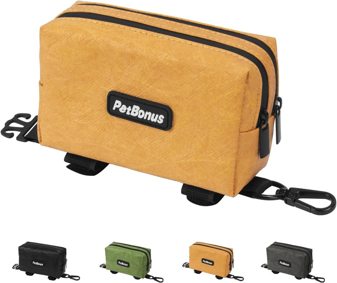 PetBonus Waterproof Dog Poop Bag Holder for leashes, Portable Pet Waste Bag Dispenser, 2 Pouches for Treat Holder and Walking Accessories, Fit All Leashes, Includes 1 Roll of Dog Poop Bags (Brown)