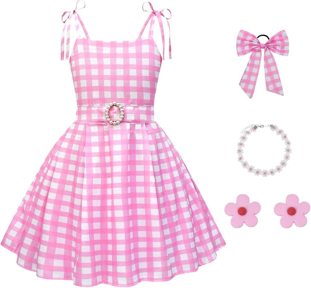 Girls Pink & White Gingham Costume Dress with Accessories, 4-10Y (Pink)