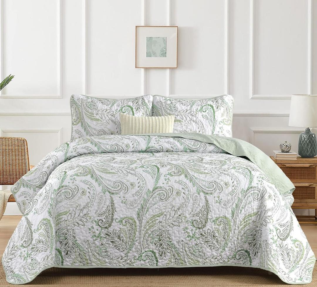 WONGS BEDDING Boho Quilt Set King,Green Paisley Floral Pattern Bedspread Coverlet Set with 2 Pillowcases,3 Piece Lightweight Microfiber Bohemian Quilt Bedding Set 104"90"