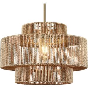 17.7 Boho Rattan Chandeliers Light Fixture, 1-Light Hand Woven Farmhouse Rustic Chandelier Hanging Light for Dining Rooom, Kitchen, Living Room, Foyer, 17.7"Brown
