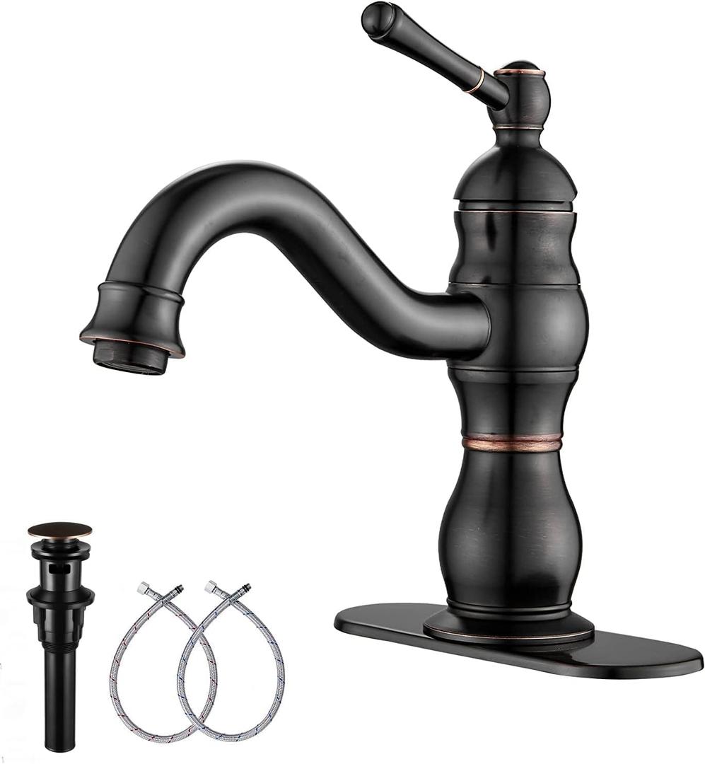 Oil Rubbed Bronze Bathroom Faucet GGStudy Bathroom Vanity Faucet Single Handle One Hole Bathroom Sink Faucet Basin Mixer Tap Matching Pop Up Drain with Overflow (Short)