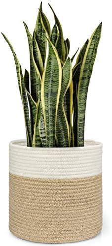 Dahey Jute Spliced Cotton Rope Plant Basket Modern Woven Storage Basket for 10" Floor Indoor Planter, Decorative Flower Pots Cover Laundry Bin with Handle Rustic Home Decor, White and Beige