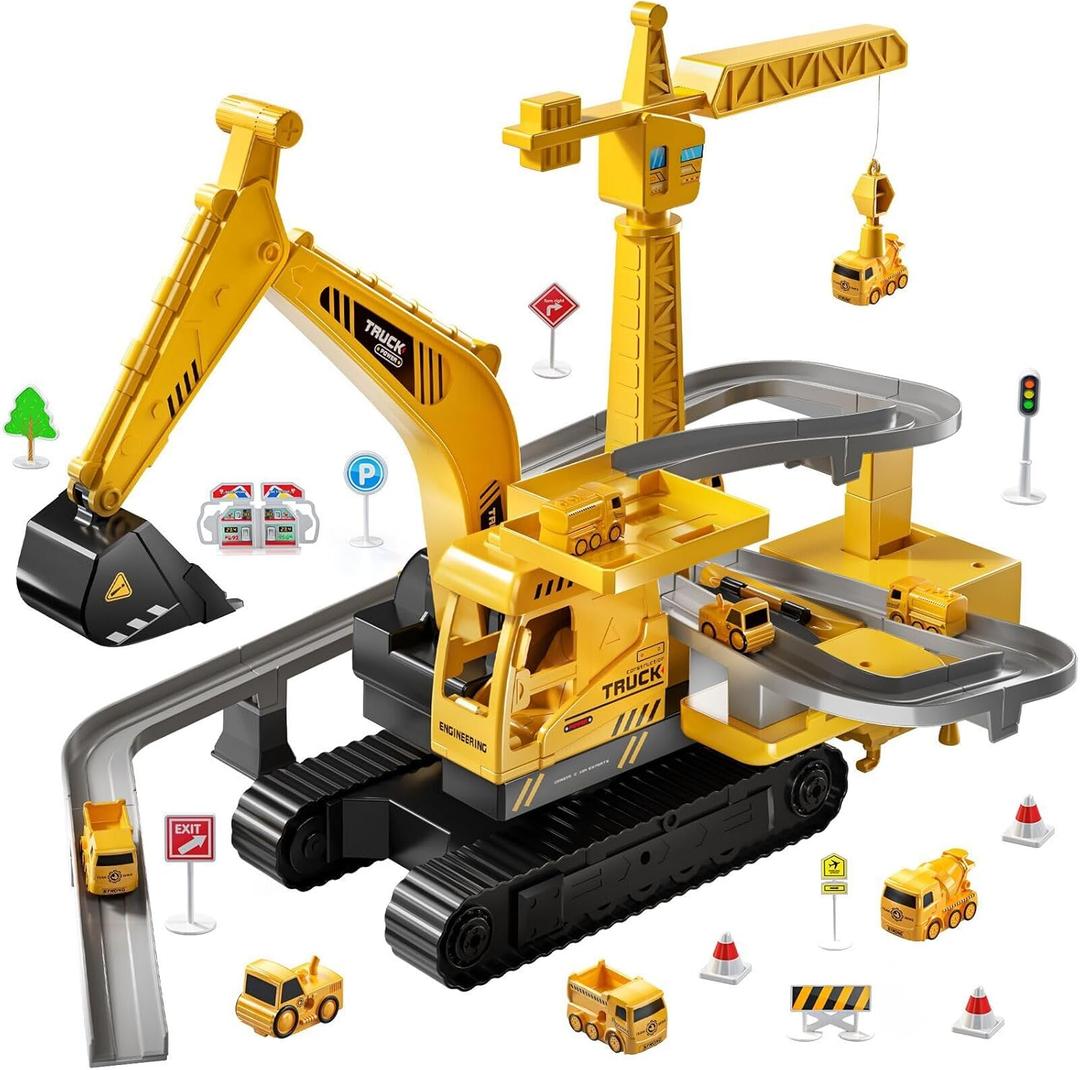 TEMI Construction Truck Toys for 3 4 5 6 7 Years Old - Engineering Digger Race Tracks, Kids Excavator Crane Boy Toys for 3-5 Year Old Toddlers,Gifts for Boys and Girls Aged 4-6