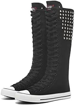 Momuk Women's Knee High Lace Up Sneakers Side Zip Canvas Shoes Fashion Dancing Mid Calf Boots, 7.5