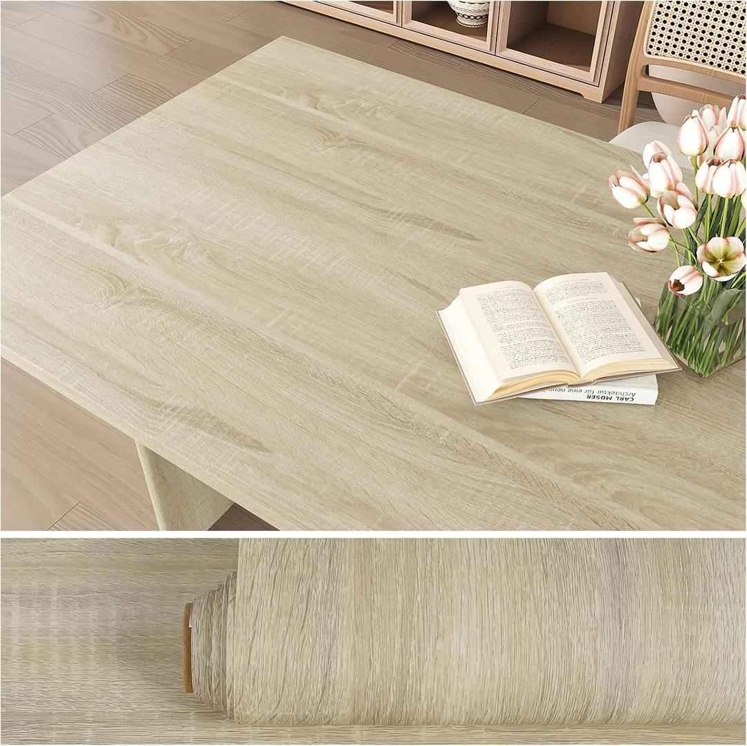 VEELIKE Thick Beige Wood Contact Paper Peel and Stick Countertops Contact Paper Waterproof Wood Wallpaper 24''x354'' Self Adhesive Textured Woodgrain Counter Top Vinyl Wrap for Kitchen Cabinets Table