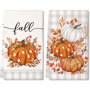 ARKENY Fall Kitchen Towels Set of 2,Orange Pumpkin Grey Buffalo Check Autumn Dish Towels 18x26 Inch Drying Dishcloth,Farmhouse Home Decoration AD118