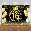 9x6ft Happy 16th Birthday Party Decoration Black Gold Sign Sixteen Birthday Poster for Anniversary Photo Booth Backdrop Background Banner BJDWAT0415