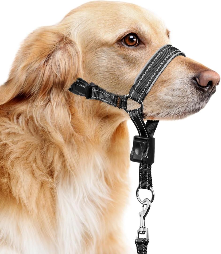 BARKLESS Soft Nylon Dog Head Collar for Large Medium Dog, Reflective Padding Head Halter for Training, Adjustable Muzzle Leash No Pulling, Jumping, Nose Leash Ideal for Walking (Black, L)