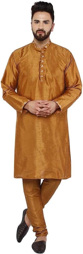 SKAVIJ Men Art Silk Kurta Pyjama Party Wedding Regular Ethinic Wear Indian Dress Set (Medium, Brown)