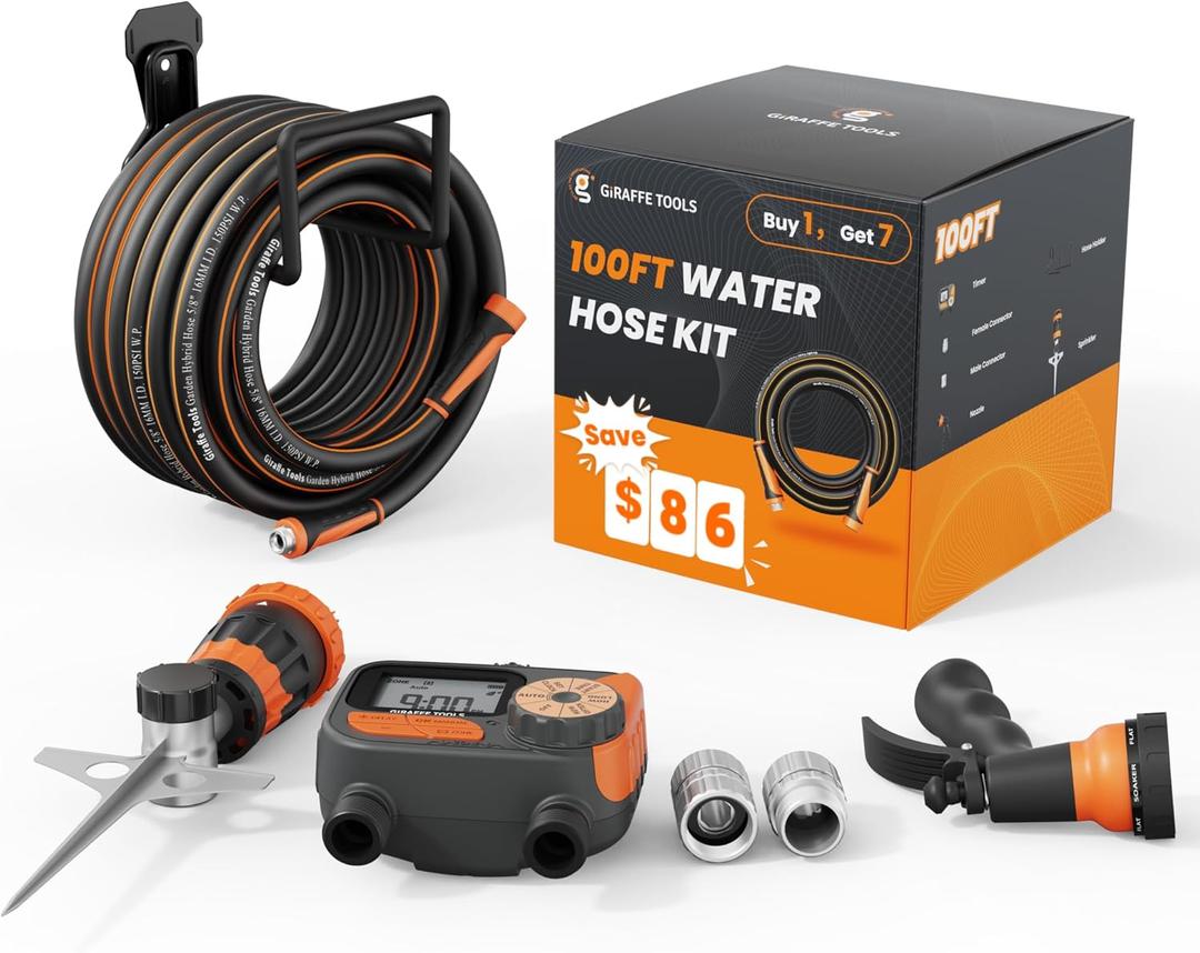 Giraffe Tools Garden Hose 100ft x 5/8", Water Hose Heavy Duty, Flexible with Watering Timer Nozzle and Yard Sprinkler, Lightweight Hybrid Hose with Swivel Handle, Male to Female Fittings