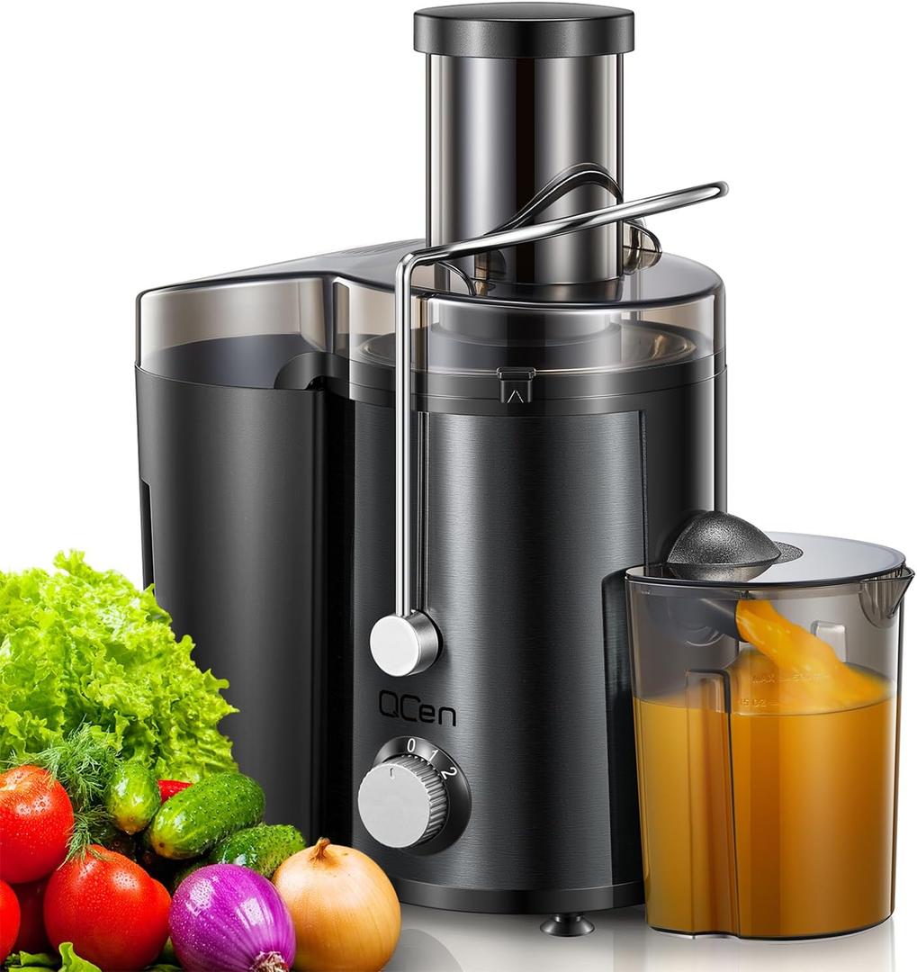 QCen Juicer Machine, 800W Centrifugal Juicer Extractor with Wide Mouth 3 Feed Chute for Fruit Vegetable, Easy to Clean, Stainless Steel, BPA-free (Metallic Black)