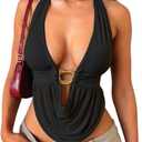 Women's Cute Summer Y2K Halter Top Sexy V Neck Tie Open Back Sleeveless Backless Going Out Tops for Women Club Party (Medium, Black)