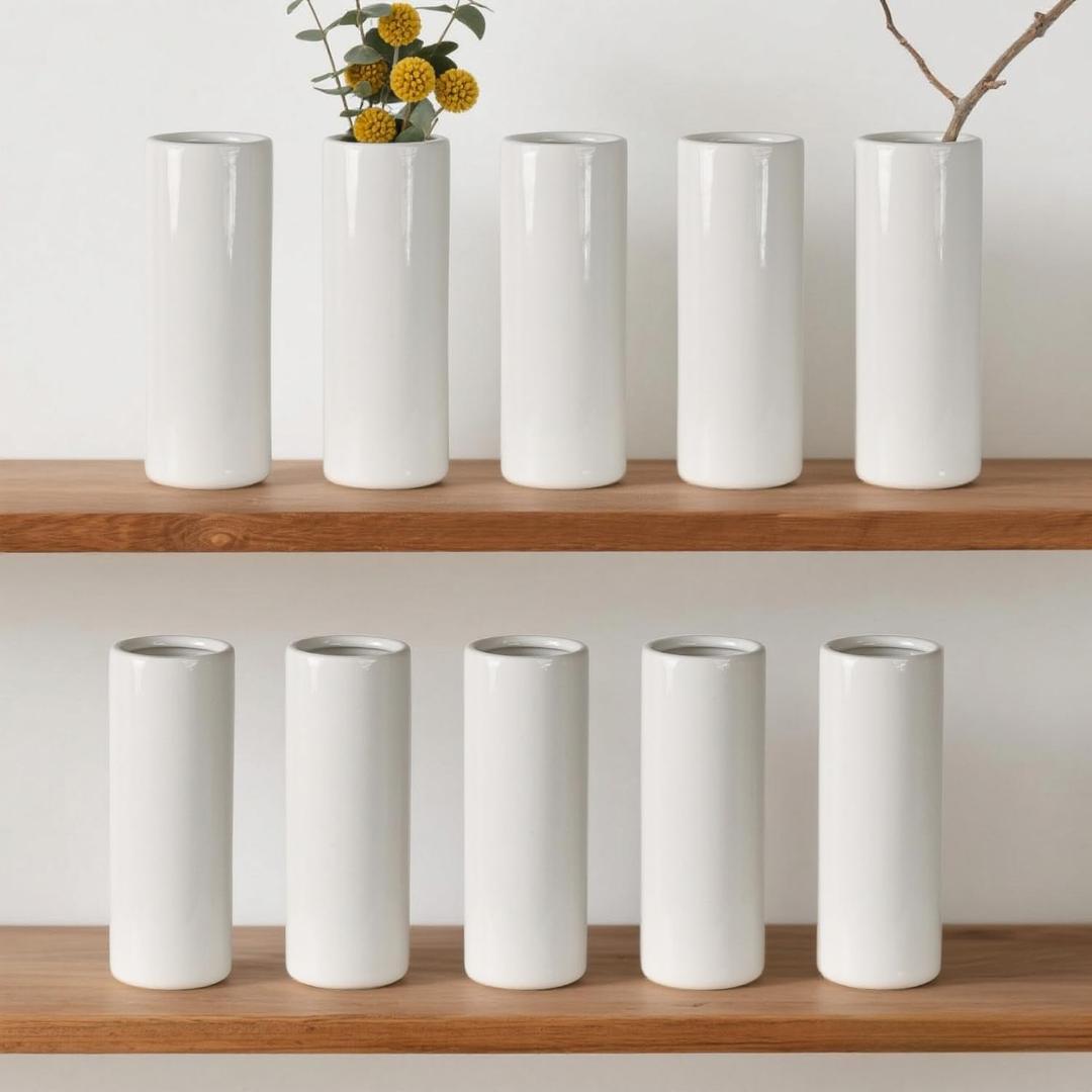 Modern White Ceramic Vase Set of 10 for Living Room Bedroom 7.08'' Minimalist Fresh Small Flower Vases for Bouquet Fake Plant Home Decor Office Fireplace Centerpieces Nordic Style 10 Pack