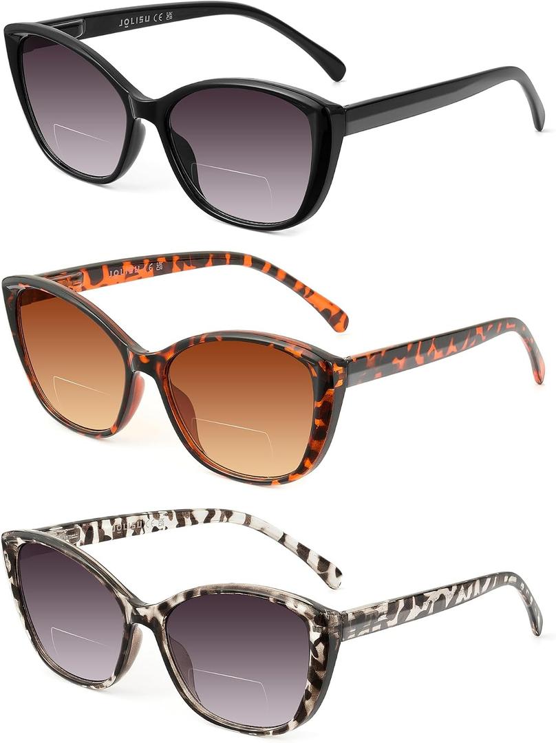 JOLISU 3 Pack Bifocal Reading Sunglasses for Women, 2 IN 1 Sun Readers Glasses Spring Hinge with UV400 Protection (1.50)