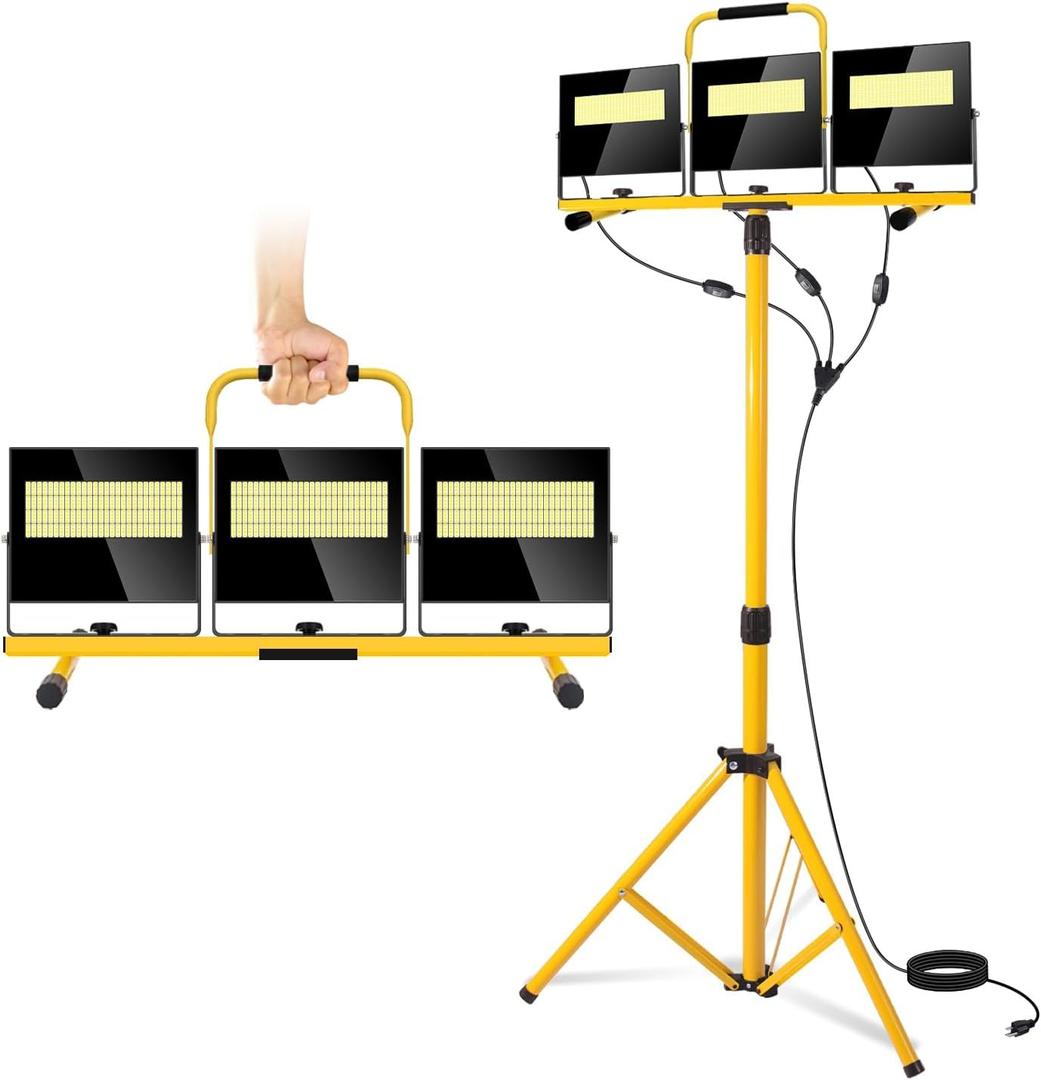 54000 Lumen Work Lights with Stand 3 Adjustable Tripod Work Light Head with 16FT Cord - IP67 Waterproof LED Work Lights on Stand for Outdoor Indoor Job Site Workshop Garage Construction Site Lighting