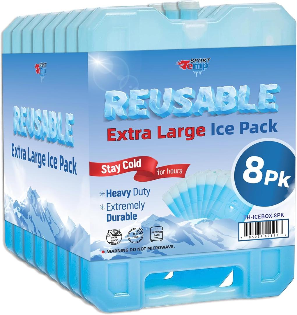 Reusable Jumbo Ice Pack - Long Lasting - Perfect for Keeping Food Or Beverages Cold, Coolers, Camping, Beach Coolers, Hiking & More, Clear Blue (Blue XL 8PK)