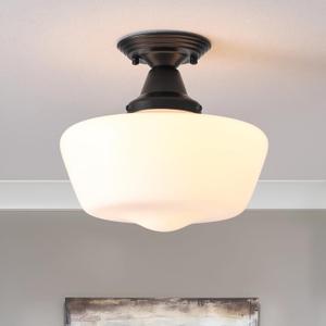 Schoolhouse Light Fixture, 12 Inch Black Finish with Milk Glass Semi Flush Mount Ceiling Light, Ceiling Light Fixture for Kitchen Hallway Entryway
