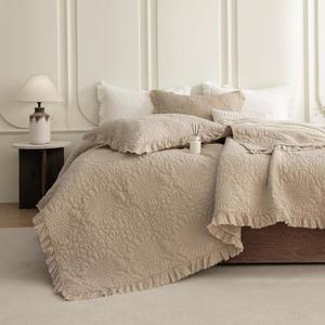 QSH Dark Wheat Stonewashed Cotton Oversized King Quilt Bedspread Set(128"x120"),3PCs Farmhouse Ruffled Bedspread California King,Shabby Soft Lightweight Crinkled Quilt Coverlet Bed with Pillow Shams