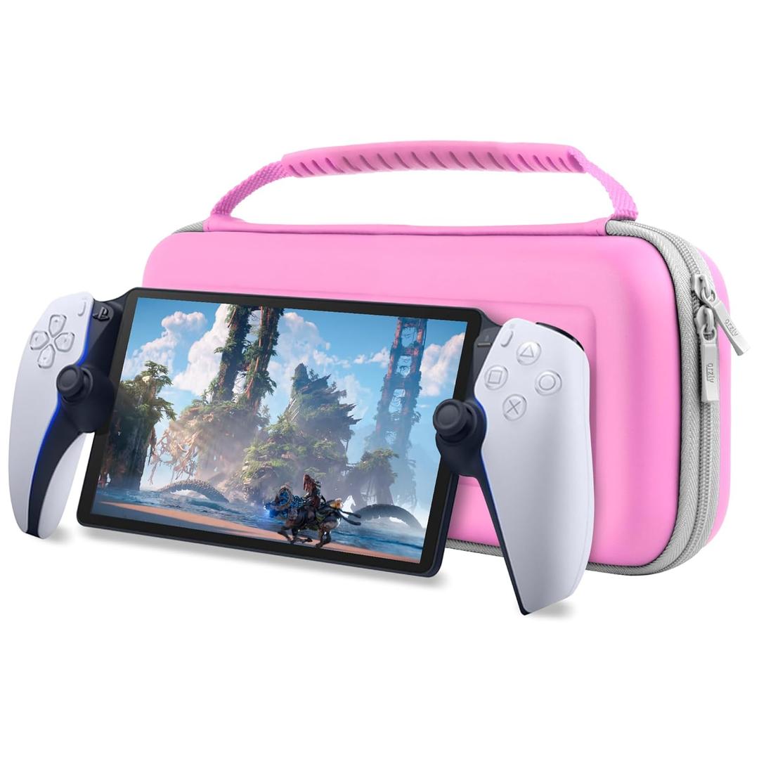 Orzly Carry Case designed for Playstation Portal remote player for PS5 Console holds accessories, Travel and Storage Protection for headset charger and more PINK/GREY - Gift box edition