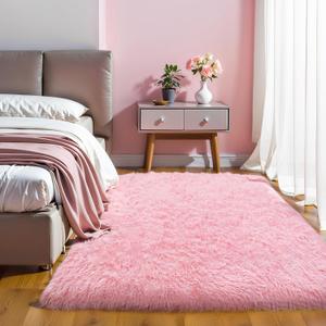 KICHOWUA Thick Area Rug 4x6 Pink Fluffy Shag – Ultra Soft Thickened Plush Washable Carpet, Non-Slip Fuzzy Shaggy Rug for Girls Bedroom, Kids’ Room, Nursery, Baby, Dorm, Living Room Cozy Décor