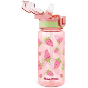 Kids Water Bottle for School, 20 Oz Plastic Straw Water Bottle with Silicone Spout and Leakproof Cover, Dishwasher Safe (Strawberry)