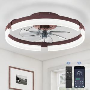 LEDIARY Ceiling Fans with Lights and Remote, 19.7 Inch Low Profile Ceiling Fan, 6 Speeds, Reversible, Dimmable Flush Mount Fan Light,Modern Ceiling Fan with Light for Bedroom, Brown