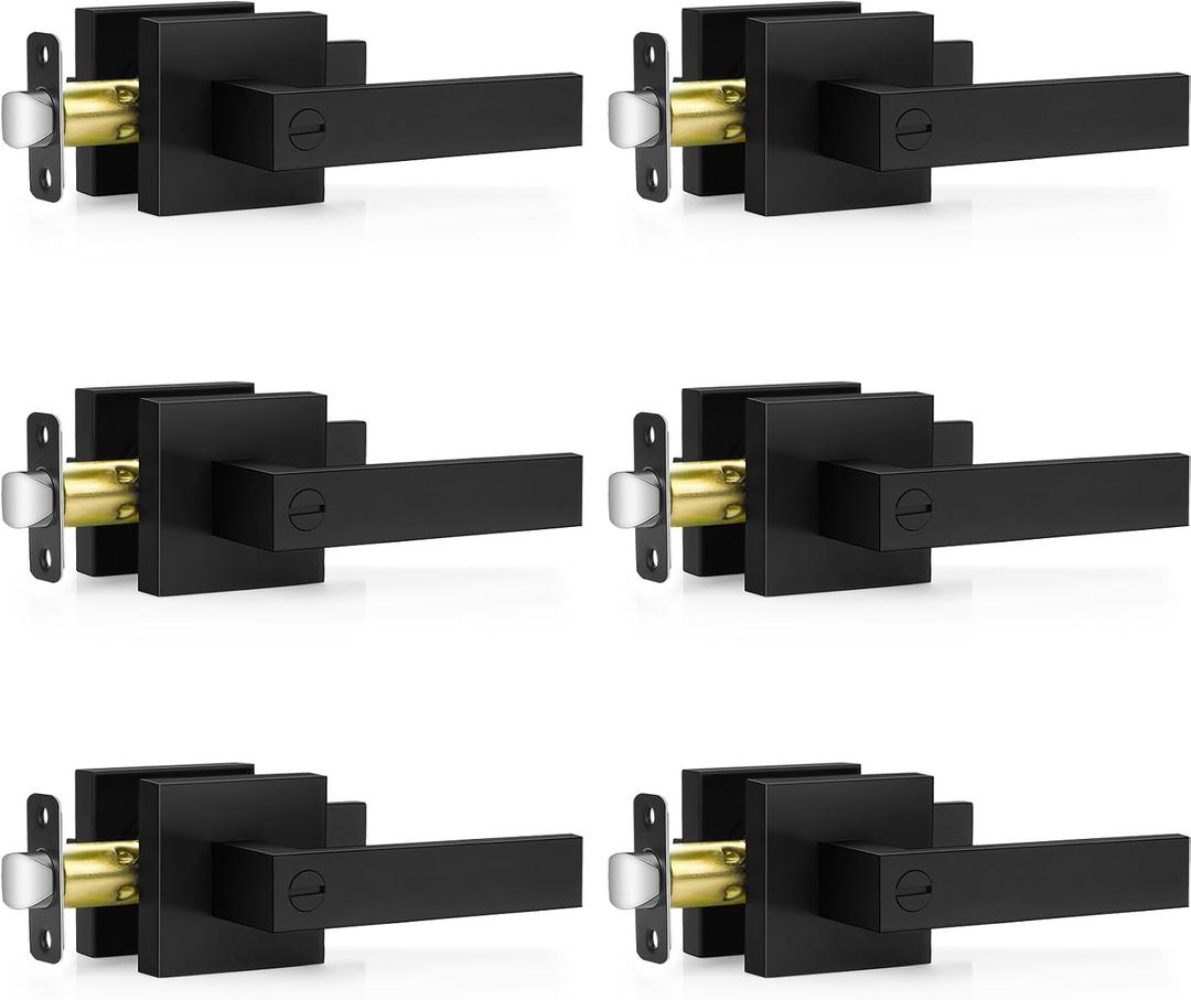 6 x Plustool 6 Pack Matte Black Door Handles Interior, Keyless Interior Door Knobs, Privacy Door Locks for Bedroom Bathroom, Heavy Duty Square Door Lever Locksets, Reversible for Left&Right Handled Doors