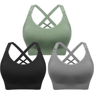 Angelhood Nursing Bras for Breastfeeding, Seamless Nursing Sports Bra Support Yoga Maternity Bras Pregnancy Sleep Bralette (Large, Black/Grey/Green)
