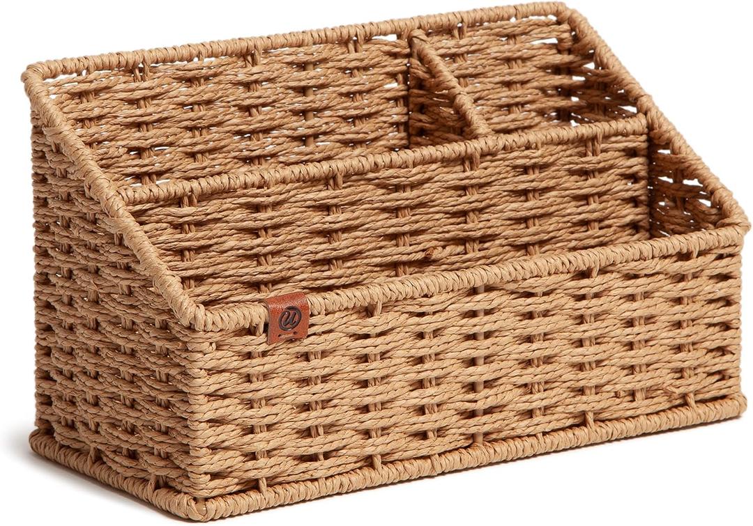 U Brands Woven All-in-1 Desk Organizer, Rattan-Inspired Wicker Style Office Organization Supplies, 1 Count, Brown