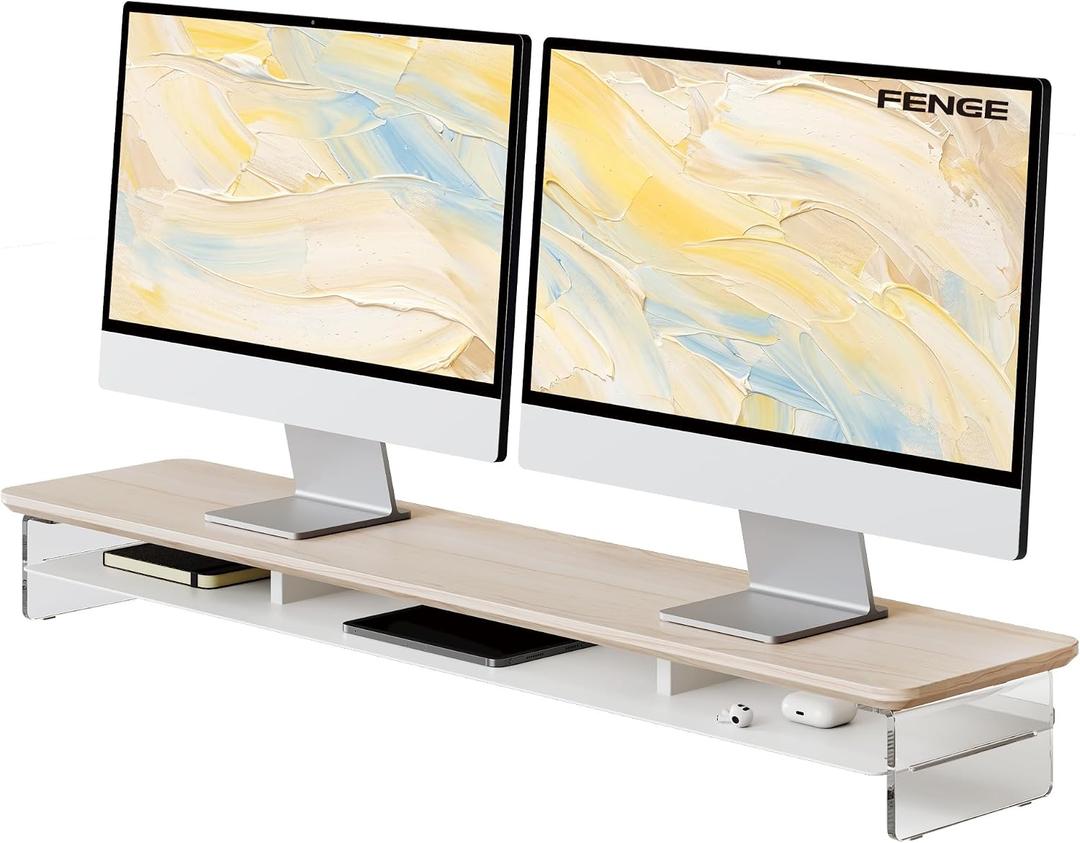 Fenge 42.5" Dual Monitor Stand with Clear Acrylic Legs, Oak
Clear Acrylic, Storage Compartment, 2-tier Home Office Monitor Riser, Wide Large Desktop Shelf Fit Monitor/Laptop/Printer
