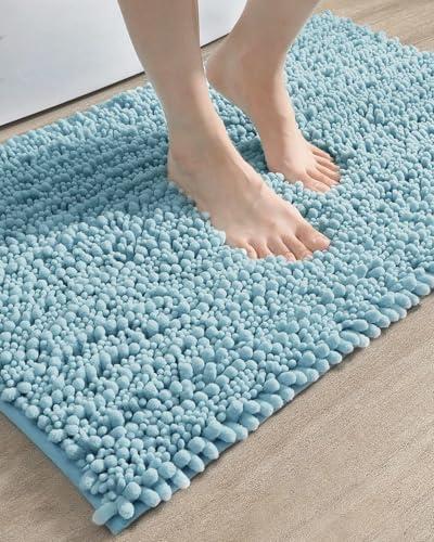 DEXI Bathroom Rug 16x24, Super Soft Thick Chenille Absorbent Bath Mat, Non Slip Machine Washable Fluffy Shag Bathmat for Tub, Shower Floor, Light Blue