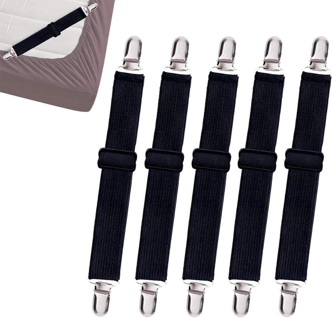 10 pcs Adjustable Bed Sheet Straps,Bed Sheet Clips, Elastic Bed Fitted Sheet Holder,Fitted Sheet Straps Clips,Sheet Fastener Suspenders to Hold Sheet ,Mattress Covers,Sofa Cushion,Table Clothing,Black