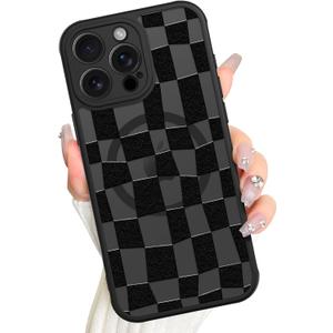 AIGOMARA Magnetic for iPhone 15 Pro Case, Compatible with Magsafe Cute Black Checkered Pattern Screen Protector Camera Protection Matte Translucent Checkerboard Phone Case for Women Girls