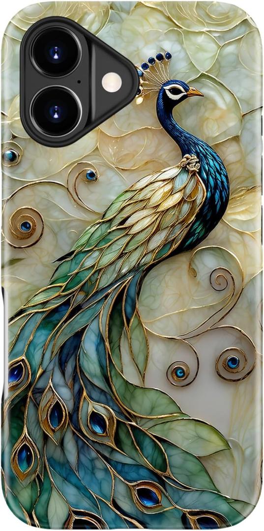 for iPhone 17 Case - Wireless Charging Compatible - Dual-Layer Hard Shell + Silicone Cover - Shockproof Protective Phone Case with Stylish Designs for Women - Peacock and Flower