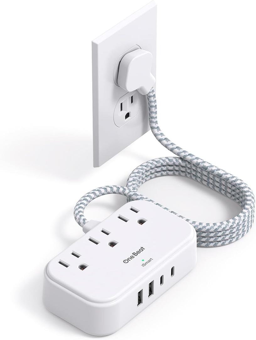 One Beat 1 Pack Cruise Essentials,5 Ft Flat Extension Cord, 3 Outlets 4 USB Ports(2 USB C) Flat Plug Power Strip,USB Charging Station with Non Surge Protector for Cruise Ship,Travel,Dorm Essentials (White)